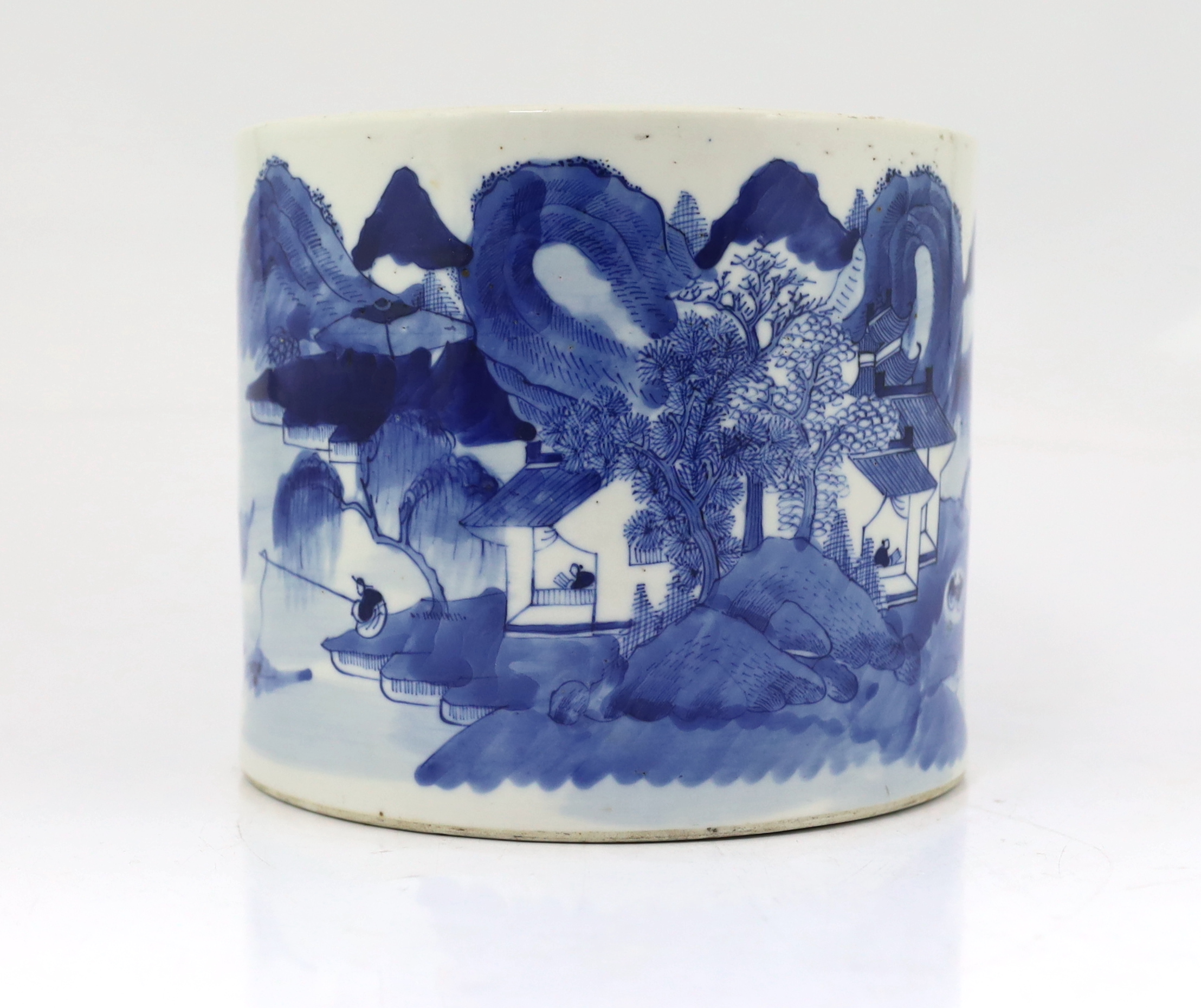 A Chinese blue and white ‘landscape’ cylindrical brushpot, bitong, 19th century